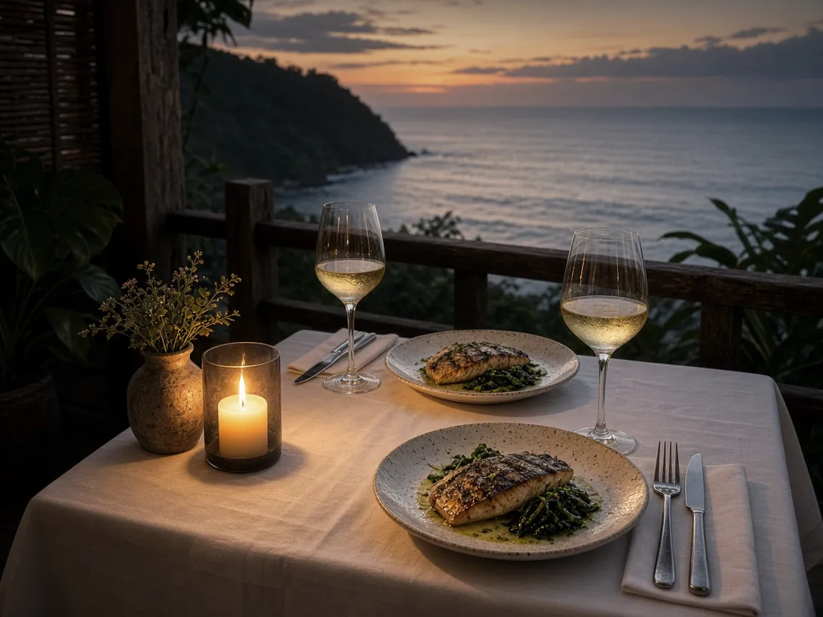 Candlelit table for two overlooking the ocean at dusk