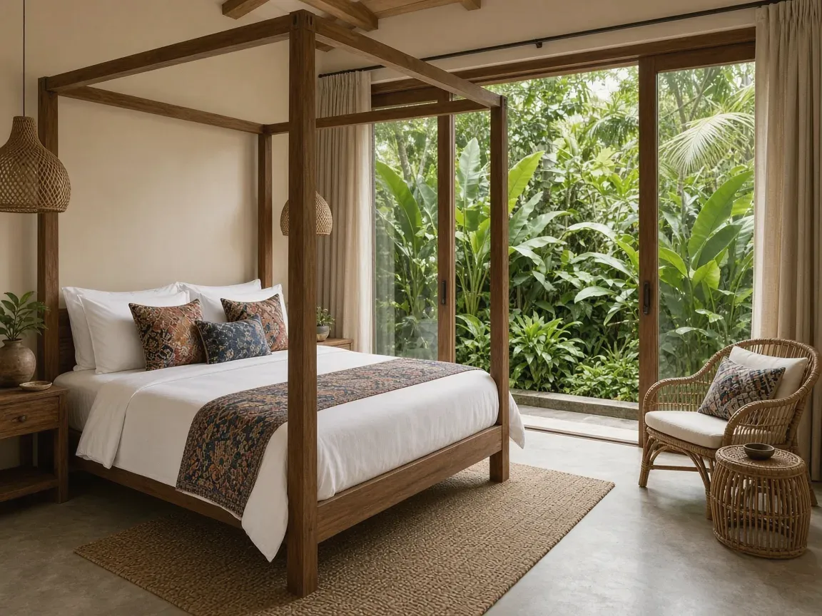 Garden Suite bedroom with four poster bed opening to a tropical garden