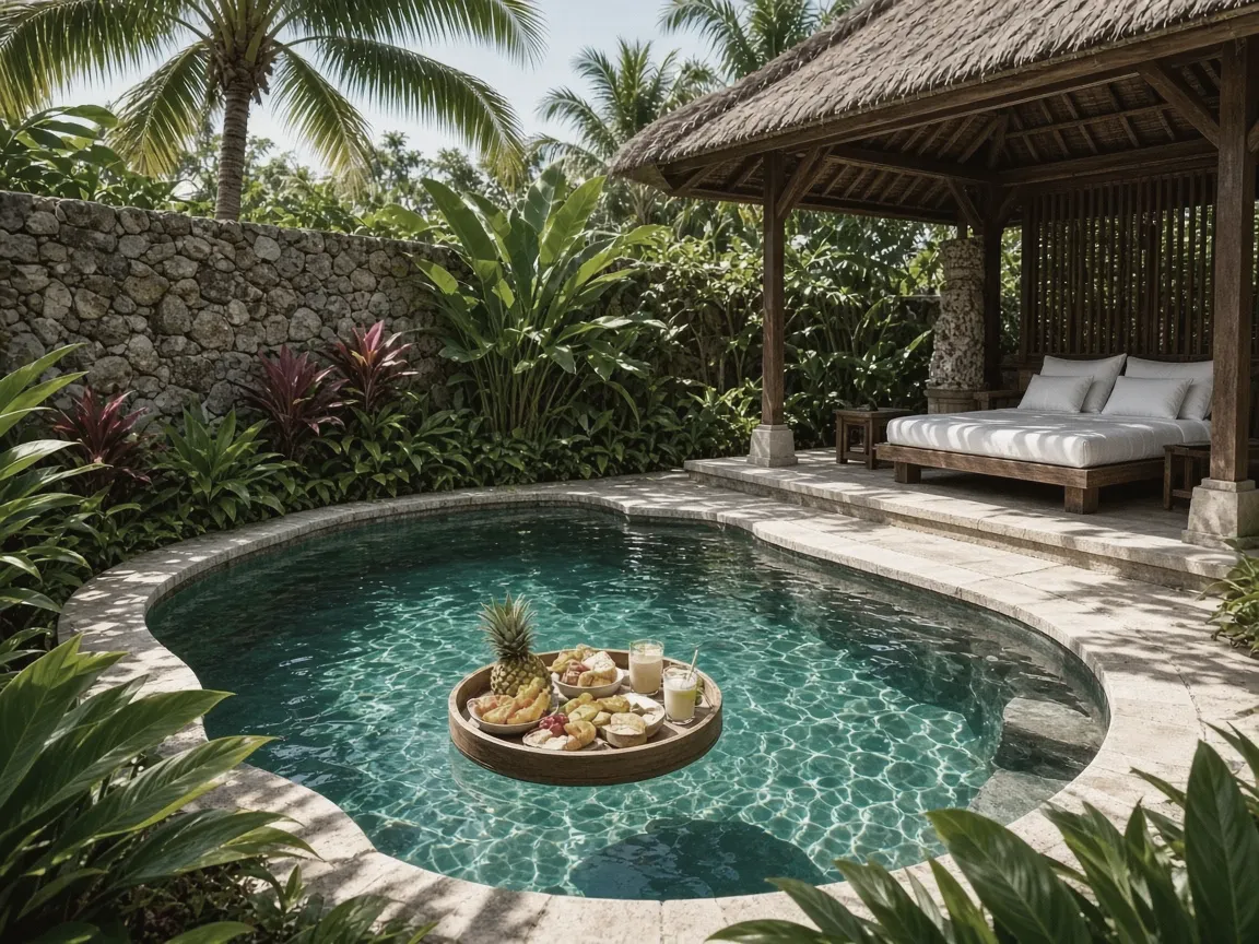 Private pool villa with a floating breakfast tray and daybed pavilion