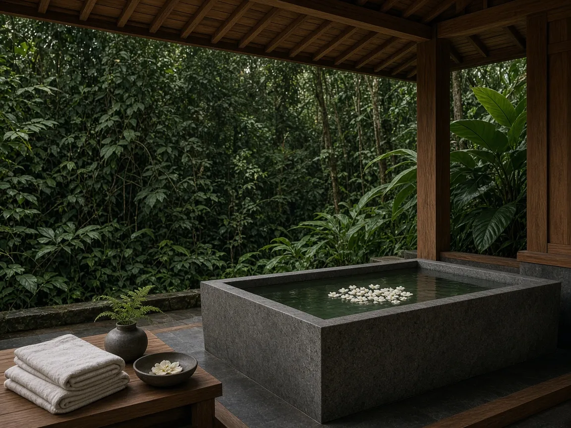 Open air spa pavilion with a stone bath