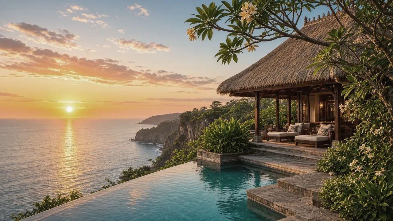 Thatched pavilion and infinity pool at sunset