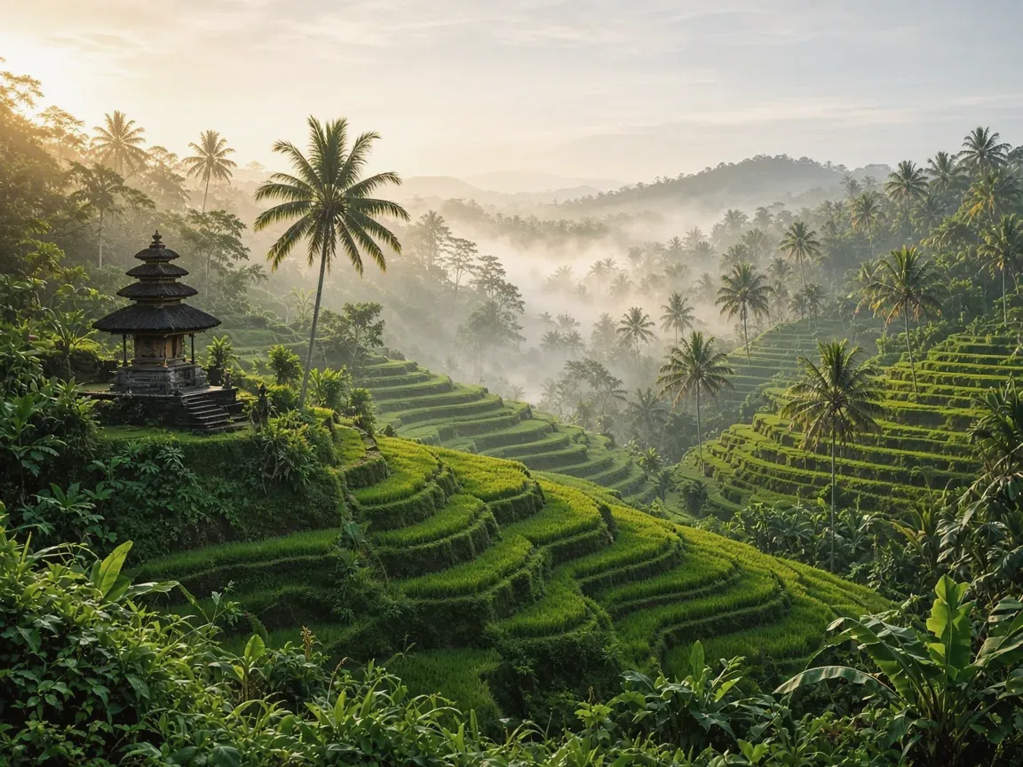 Misty rice terraces with palm trees at sunrise